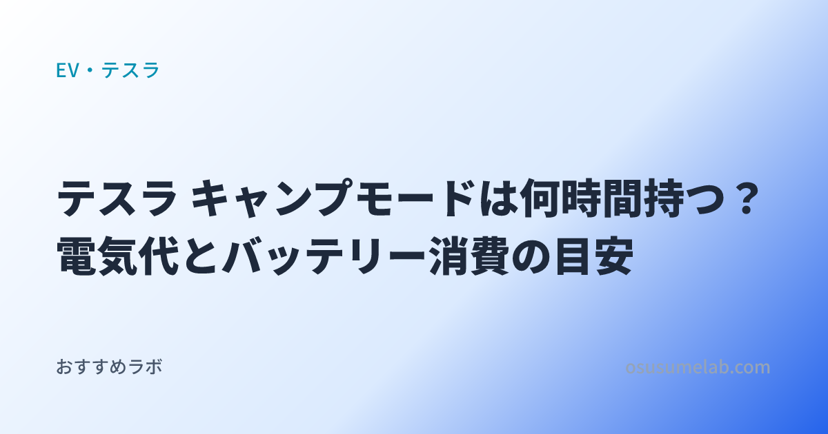EV・テスラカテゴリの記事「テスラ キャンプモードは何時間持つ？電気代とバッテリー消費の目安」のイメージ画像